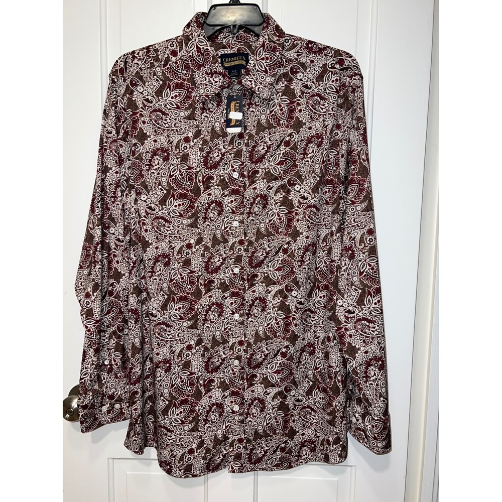 NWT Cremieux Premium Denim Mens XLT Paisley Button Up Shirt Burgundy Brown